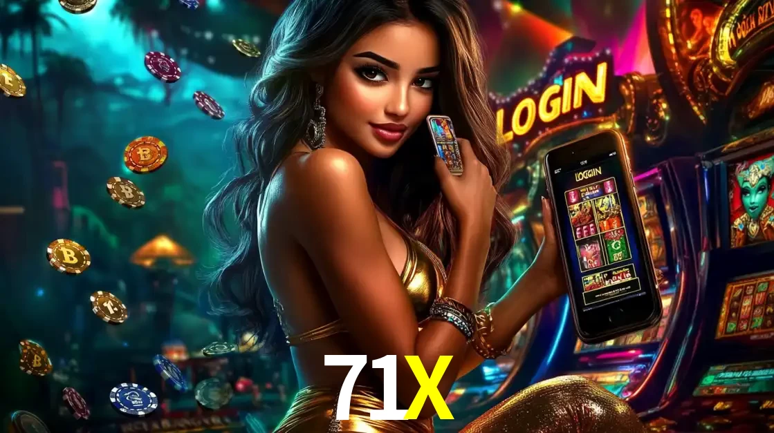 Mulher em um cenário de cassino temático de aventura, mostrando o app de caça-níqueis da 71X no celular. Fichas de apostas flutuam ao redor.