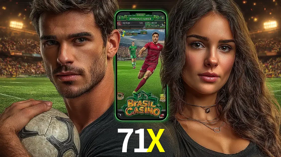 Homem segurando uma bola de futebol e uma mulher ao lado de um smartphone exibindo o jogo de apostas esportivas da 71X. Faça seu palpite no cassino online.